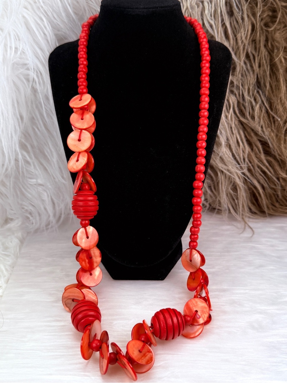 Bold Red Statement Necklace Shell Disc Wood Bead Boho Artisan Fashion Jewelry